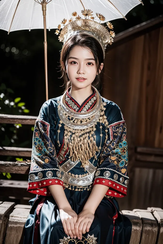 The image shows a young woman in traditional Chinese clothing. She is wearing a blue and red top with intricate embroidery and a long, flowing skirt. She is also wearing a traditional Chinese headdress and a necklace. The woman is sitting on a wooden bench and is holding a white umbrella. She has a serene expression on her face. The background of the image is a blur of trees and mountains.
