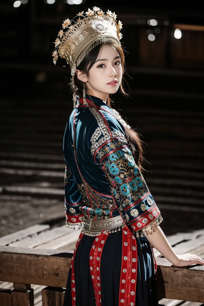 A imagem mostra uma jovem mulher vestindo roupas tradicionais chinesas. Ela está usando uma blusa azul e vermelha com bordados intrincados e uma saia longa e fluida. Ela também está usando um tradicional adereço de cabeça chinês com detalhes em prata e ouro. A mulher está em um cenário natural e olha para a câmera com uma expressão serena. A imagem é tanto bela quanto serena, e captura a essência da cultura tradicional chinesa.