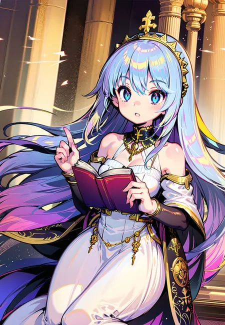 Gambar ini menampilkan seorang gadis bergaya anime dengan rambut biru panjang dan mengalir serta mata biru. Dia mengenakan gaun putih dan emas dengan kerah tinggi dan tiara berbentuk salib di kepalanya. Dia memegang buku di tangan kirinya dan menunjuk ke arahnya dengan tangan kanannya. Dia memiliki ekspresi terkejut di wajahnya. Dia berdiri di ruangan besar dan mewah dengan kolom-kolom marmer dan lantai berhias emas.