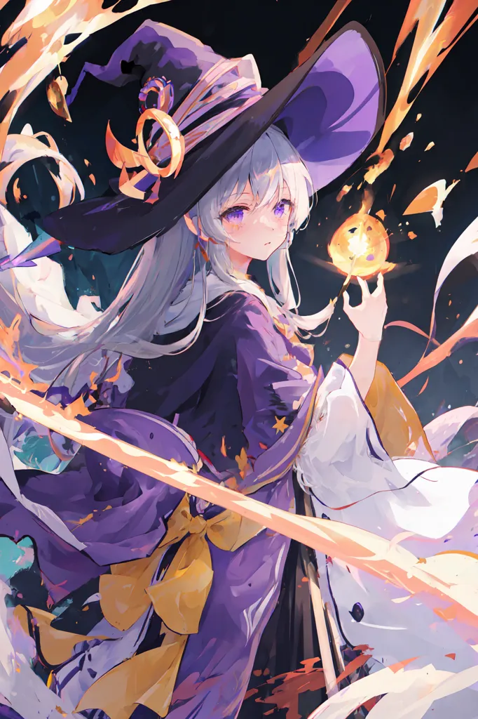The image is a painting of a young woman in a purple witch hat and purple dress with yellow stars on it. She has long white hair and purple eyes. She is holding a small yellow fireball in her hand. There is a large yellow ribbon on her waist. She is standing in front of a dark blue background with yellow and purple flames at the top and bottom of the image.