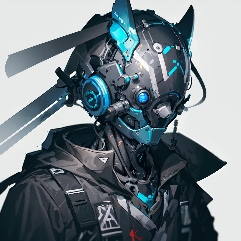 The image is a portrait of a robot. The robot has a black and blue helmet with cat-like ears. The helmet has a blue light on the forehead and a blue light on each side of the head. The robot is wearing a black jacket with a white collar. The jacket has a blue light on the left shoulder. The robot has a backpack with a red light on the left side. The robot's eyes are blue and it has a small blue light on its chin.