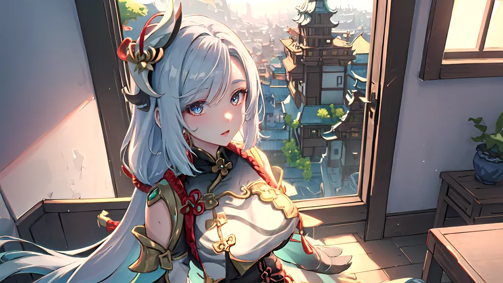 The image is of a young woman with long white hair and blue eyes. She is wearing a white and red cheongsam-style dress with a high collar and a long slit at the side. She is sitting in a room with a wooden floor and a large window. The window is open, and she is looking out at a view of a Chinese-style town. There is a table with a potted plant on it to her right.