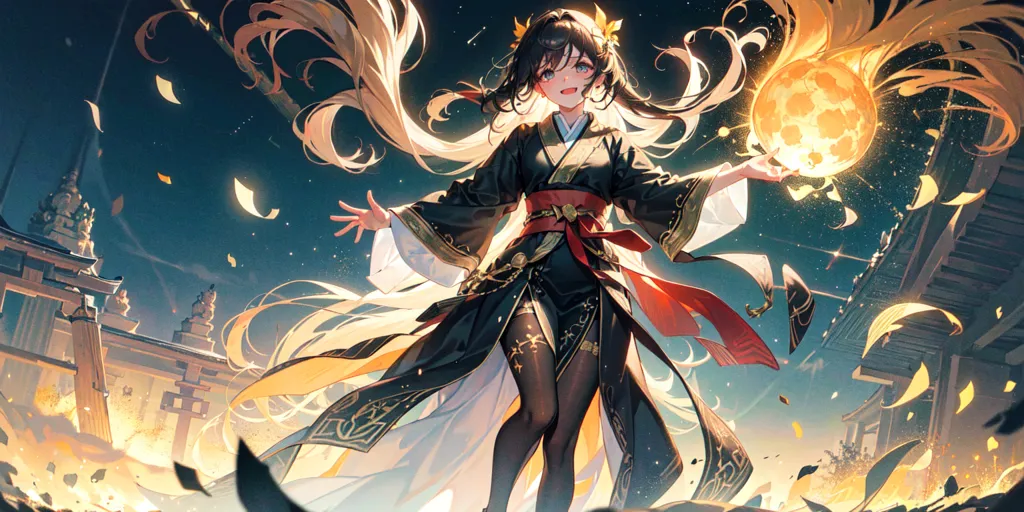 La imagen es de una chica de anime con el cabello rubio largo y un kimono negro y rojo con un obi rojo. Ella está de pie en una ciudad, con un edificio grande en el fondo. La chica está sonriendo y tiene los ojos cerrados. Está sosteniendo una esfera brillante en sus manos.