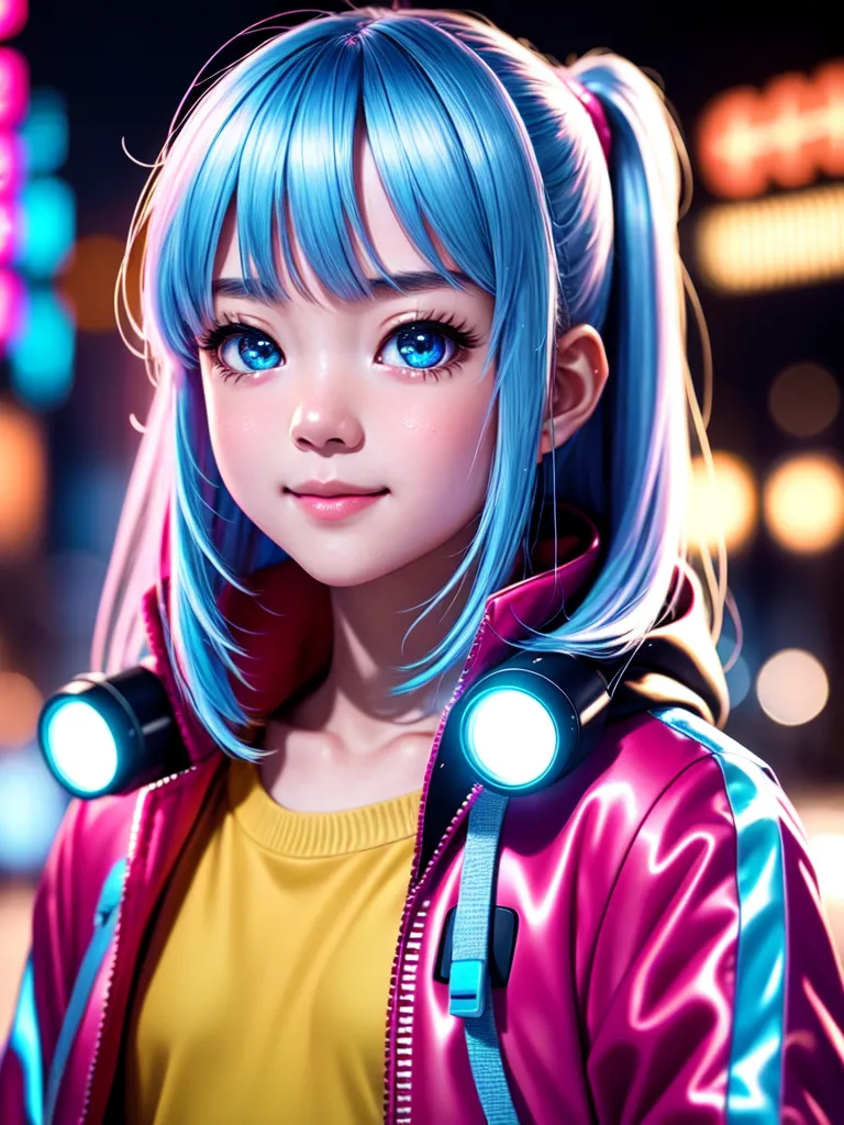 The image is a portrait of a young girl with blue hair and blue eyes. She is wearing a yellow shirt and a pink jacket with blue and white details. The girl is standing in front of a blurred background of city lights.