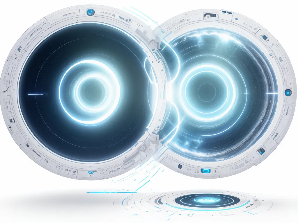 This is an image of two large, white, futuristic portals. They are open, and there is a bright light coming from them. The portals are surrounded by a blue and white futuristic frame. The portals are on a white surface, and there is a small, blue, circular platform in front of them.