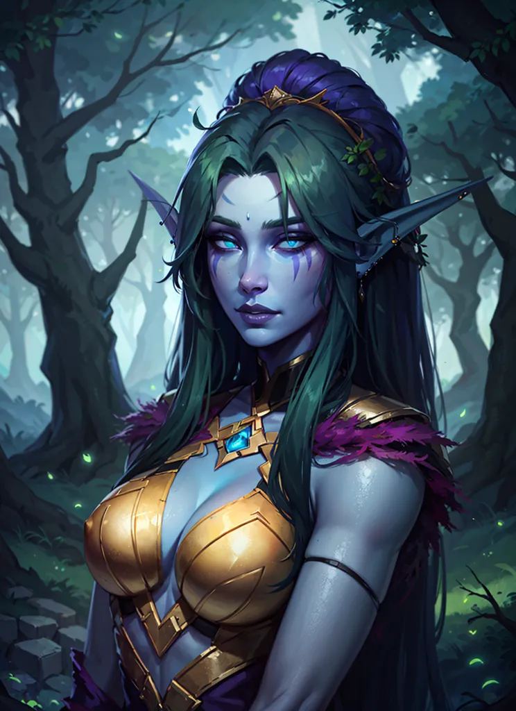 This is an image of a female night elf from the Warcraft video game series. She has green skin, long green hair, and purple eyes. She is wearing a golden breastplate and a purple skirt. She is also wearing a necklace and a circlet. She is standing in a forest and is looking at the viewer with a serious expression.