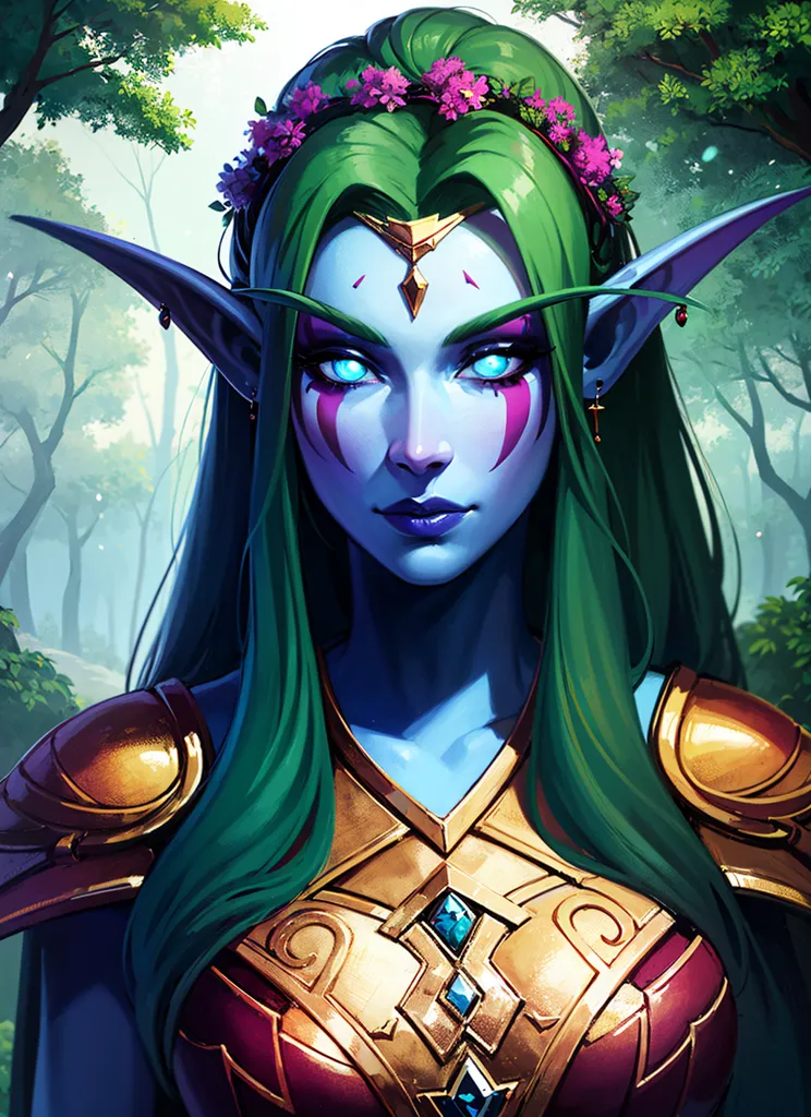 This is an image of a female night elf from the Warcraft video game series. She has long green hair, blue eyes, and pointed ears. She is wearing a golden crown and armor, and there are flowers in her hair. She is standing in a forest, and there is a slight smile on her face.