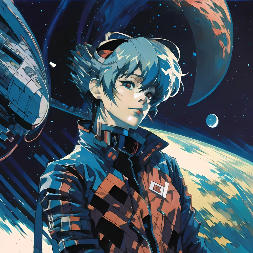 This is an image of a young man standing in front of a spaceship. He is wearing a blue and orange spacesuit with a red scarf. He has short blue hair and blue eyes. The spaceship is white and blue and has the word \