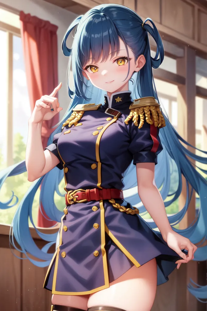 The image is an anime-style illustration of a young woman with long blue hair and yellow eyes. She is wearing a military-style uniform with a blue skirt and a white shirt. She has a red sash around her waist and gold epaulettes on her shoulders. She is also wearing a white peaked cap with a gold band around it. The woman is standing in a room with a wooden floor and a large window behind her. There are red curtains on the window. The woman is smiling and has her right hand raised in the air. She is pointing with her index finger.