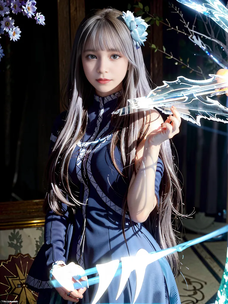 The image shows a young woman with long silver hair and blue eyes. She is wearing a blue dress with a white collar. The dress has a pattern of small white flowers. She is also wearing a blue flower in her hair. She is holding a long, thin, blue sword. The sword is glowing. She is standing in a dark room. There is a plant with purple flowers in the background.