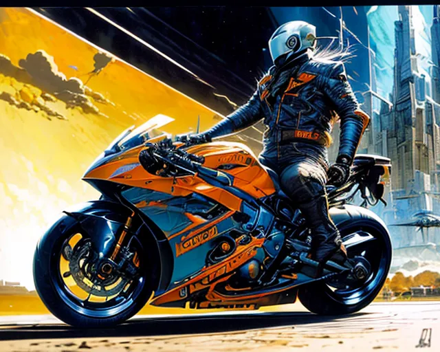 This is an image of a man riding a futuristic motorcycle. The man is wearing a black and orange armored suit and a white helmet with a blue visor. The motorcycle is orange and black with a sleek design. The man is riding in a futuristic city with tall buildings and a clear blue sky.