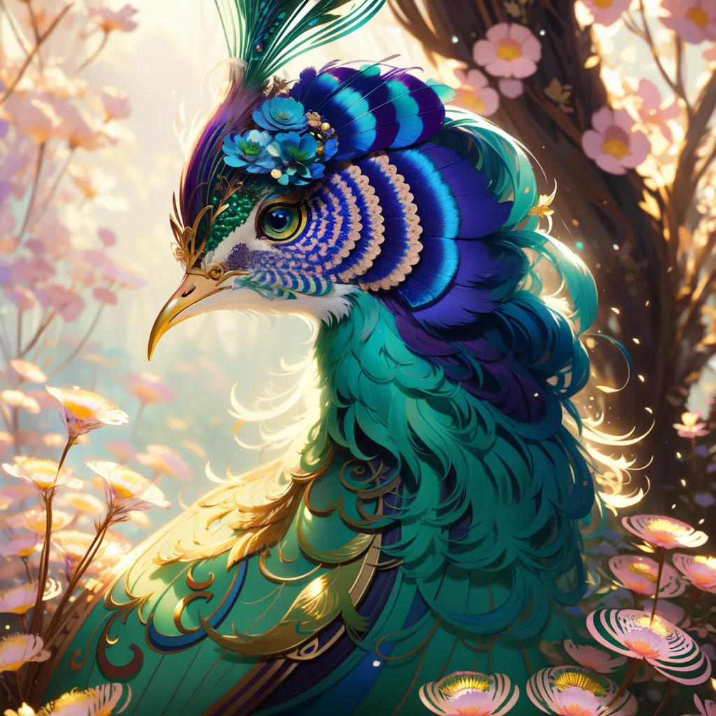 The image is a painting of a peacock with vibrant colors. The peacock is facing the left of the viewer and is surrounded by pink flowers. The peacock has its tail feathers spread out in a fan-like shape, and its head is turned to the side so that the viewer can see its face. The peacock's feathers are a deep blue color, with hints of green and purple. Its head is a lighter blue color, with a crest of feathers that is a darker blue color. The peacock's beak is a light orange color, and its eyes are a deep blue color. The flowers that surround the peacock are a light pink color, with some of the flowers having a darker pink color. The flowers are delicate and have a soft texture. The background of the image is a blur of light blue and purple colors. The overall effect of the image is one of beauty and elegance.