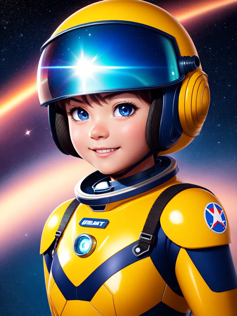 Esta es una imagen de una niña joven con un traje de astronauta amarillo y un visor azul. Tiene el cabello castaño y ojos azules, y está sonriendo. Está de pie frente a un fondo azul y morado con estrellas y una luz brillante en la esquina superior izquierda.