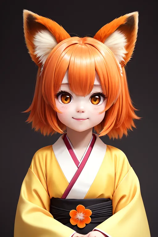 La imagen muestra a una niña joven con el cabello naranja y orejas de zorro. Lleva un kimono amarillo con un obi rojo y un cuello blanco. El kimono tiene un patrón floral. La niña tiene ojos marrones y una pequeña sonrisa en su rostro. Está de pie frente a un fondo oscuro.