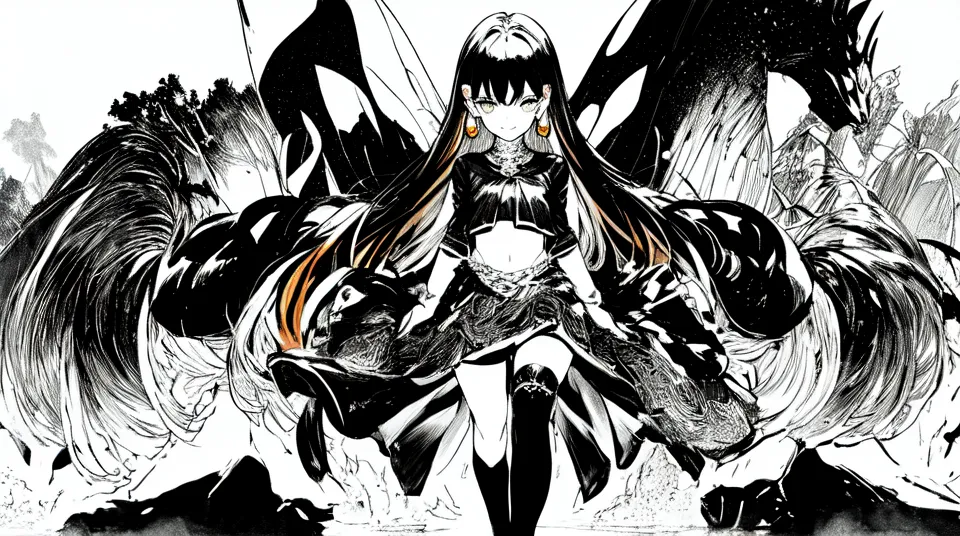 The image is of a girl with long black hair and orange eyes. She is wearing a black dress with a white collar and a black choker. She is also wearing black boots and has a black belt around her waist. She is standing in front of a large black creature with white eyes. The creature has its mouth open and is about to roar. The girl is surrounded by a dark aura and has a determined expression on her face.