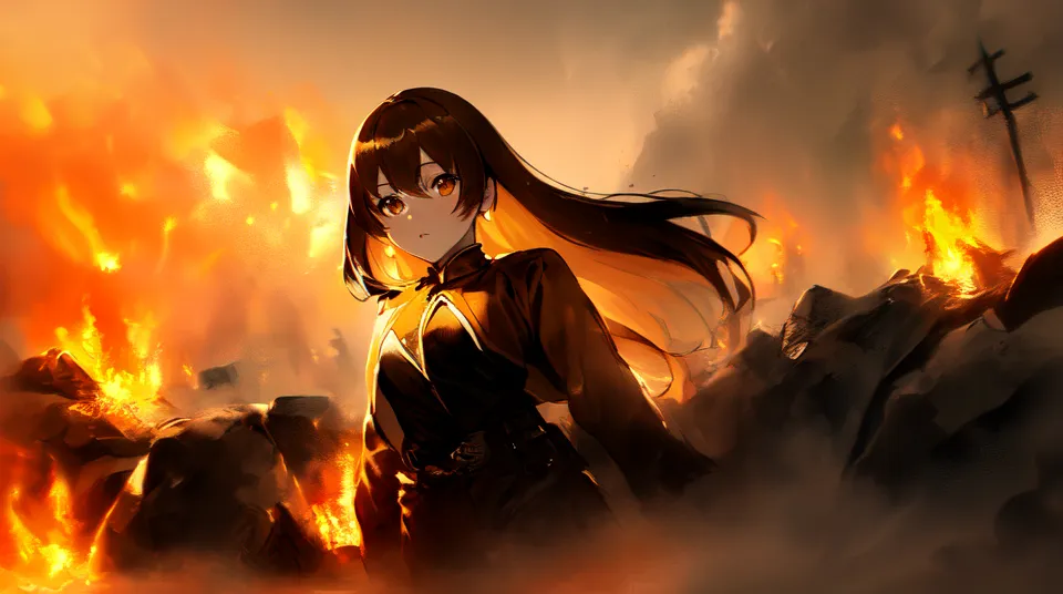 This is an image of an anime girl standing in the middle of a war zone. She is wearing a black military uniform with a red sash and has long brown hair that is blowing in the wind. Her eyes are a deep brown and she has a determined expression on her face. The background is a fiery orange and there are ruins of buildings all around her. The sky is dark and there are clouds of smoke billowing in the air.