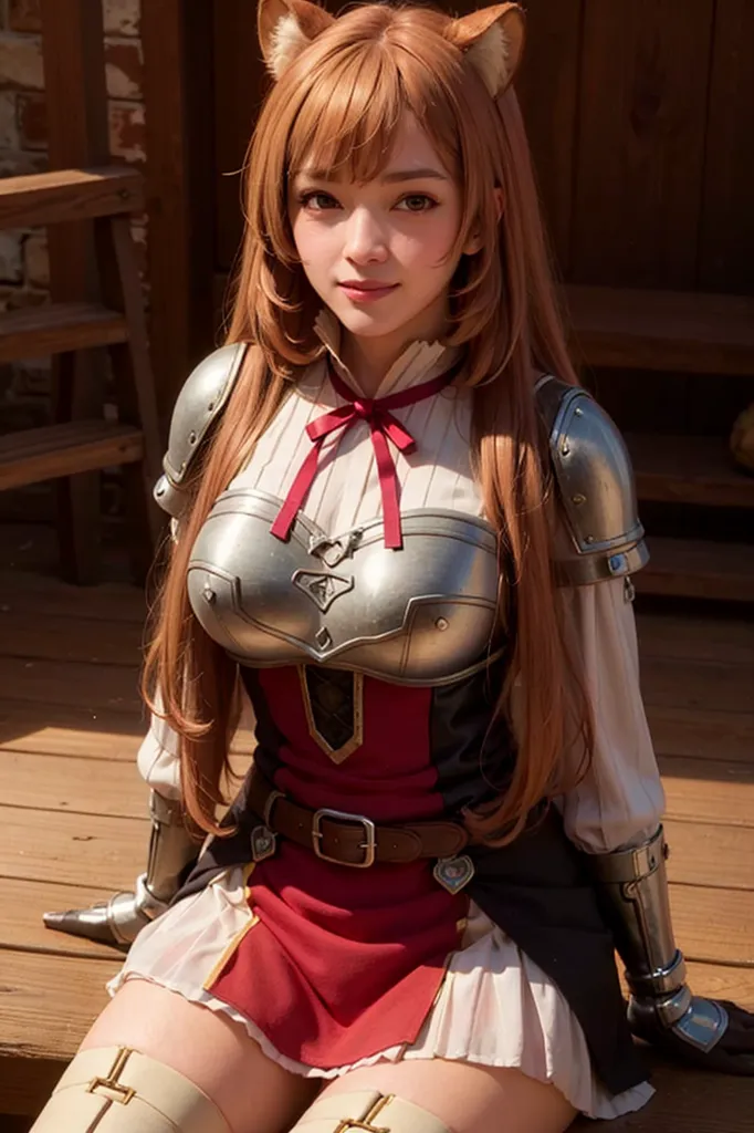 The image is of a young woman dressed in a fantasy-style outfit. She has long brown hair, fox ears, and brown eyes. She is wearing a red and white dress with a brown belt and silver shoulder pads. She is also wearing a red bow around her neck. She is sitting on a wooden railing with her legs crossed and has a confident smile on her face.