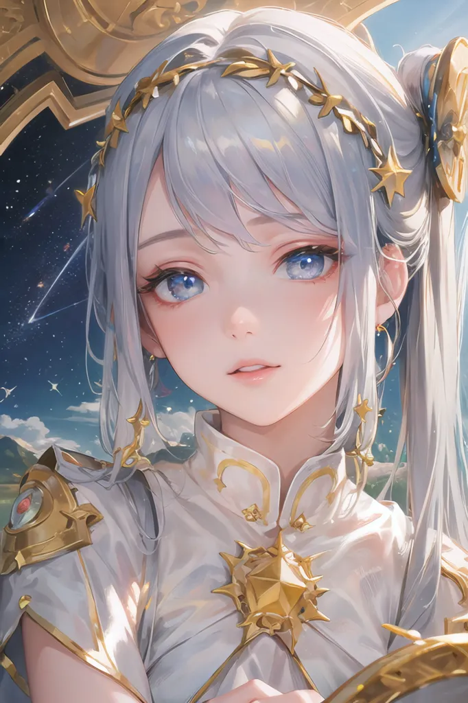 The image is of a beautiful anime girl with long white hair and blue eyes. She is wearing a white and gold dress with a star-shaped gem on her chest. She has a gold crown on her head and is surrounded by a starry background with a crescent moon.