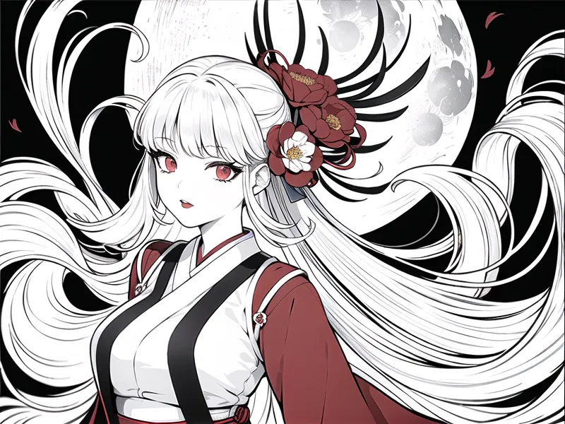 The picture shows a girl with long white hair and red eyes. She is wearing a red and white kimono with a white obi. Her hair is decorated with a large white camellia flower and a red ribbon. She is standing in front of a full moon. The background is black with a few red and white petals.