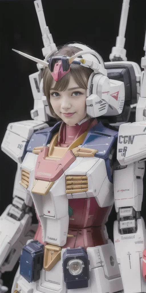 This image shows a young woman dressed in a white and pink bodysuit with a pair of headphones on her head and a Gundam robot model behind her. The woman is smiling and looking at the camera. The Gundam model is also white and pink and is in the background behind the woman.