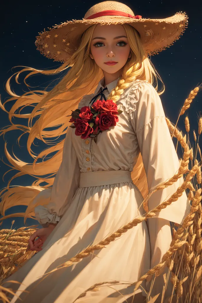 This is an image of a beautiful young woman standing in a field of wheat. She is wearing a white dress with a straw hat and has long blond hair and blue eyes. She is also wearing a necklace of red roses and there is a red rose in her hair. The background of the image is a dark blue sky with stars.