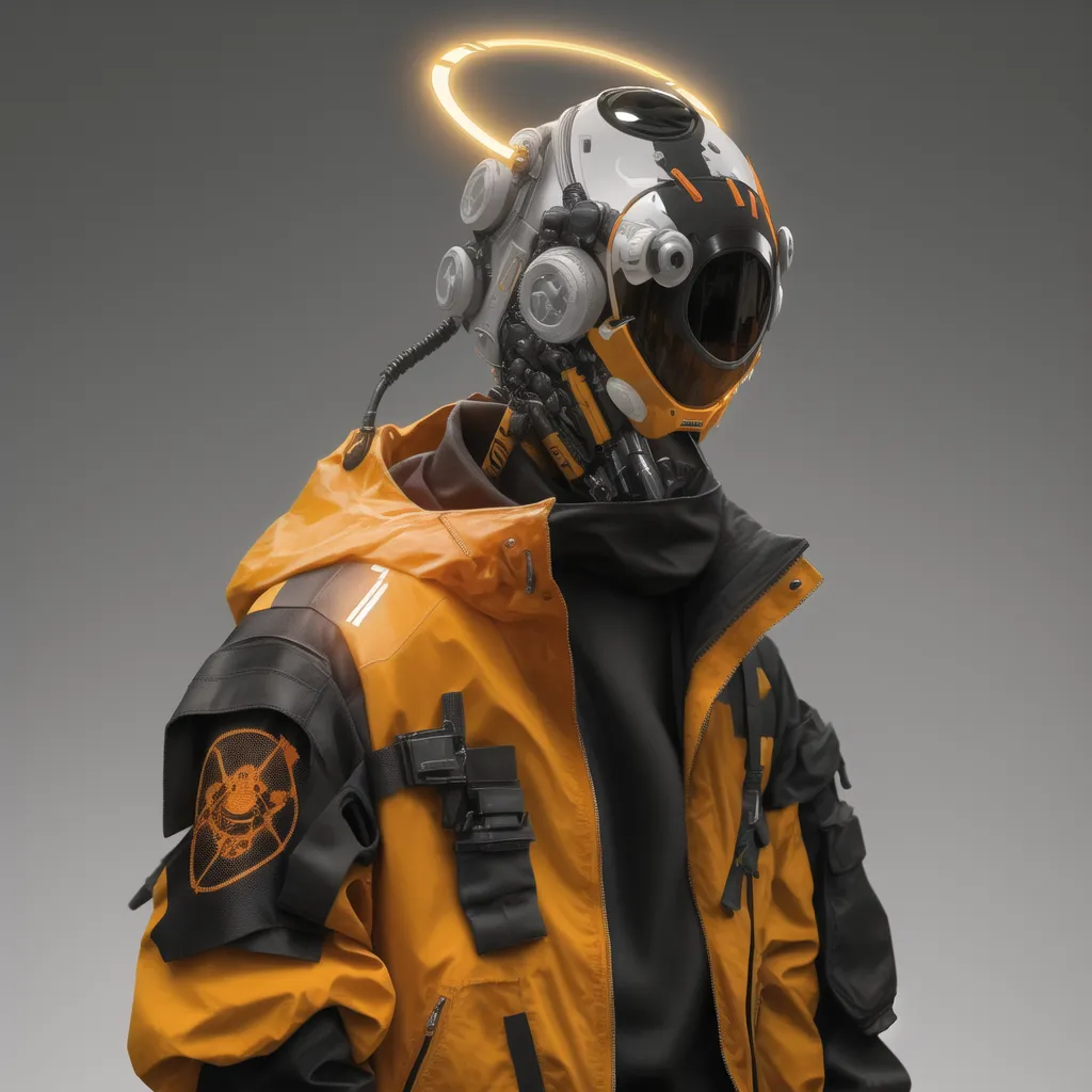 The image shows a person wearing a futuristic helmet and jacket. The helmet has a golden halo and a black visor. The jacket is yellow and black, with a white turtleneck collar. The person is also wearing a black utility belt.