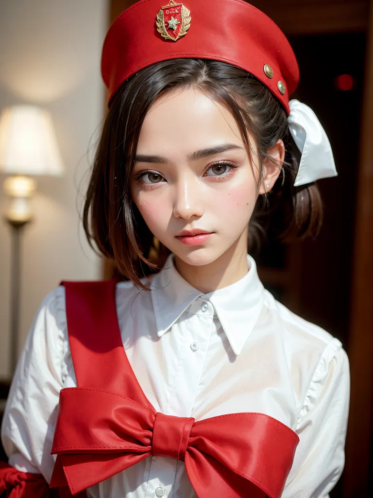 The image shows a young woman with long brown hair and brown eyes. She is wearing a white shirt, a red beret with a white ribbon, and a red bow tie. She has a serious expression on her face. She is standing in front of a blurry background.