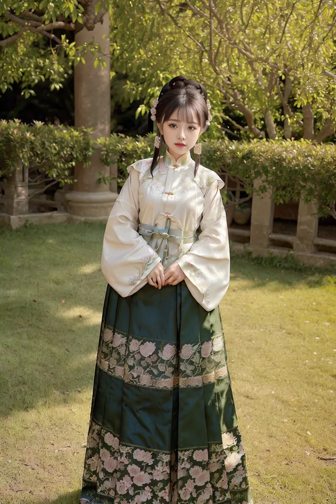 Gambar ini menunjukkan seorang wanita muda yang mengenakan pakaian tradisional Tiongkok (Hanfu) dengan warna putih dan hijau sebagai warna utama. Gaun tersebut memiliki rok panjang dengan motif bunga dan atasan putih dengan lengan lebar. Wanita itu mengikat rambutnya dalam sanggul dan mengenakan aksesoris rambut tradisional Tiongkok. Dia berdiri di taman dengan rumput hijau dan pepohonan lebat di latar belakang.