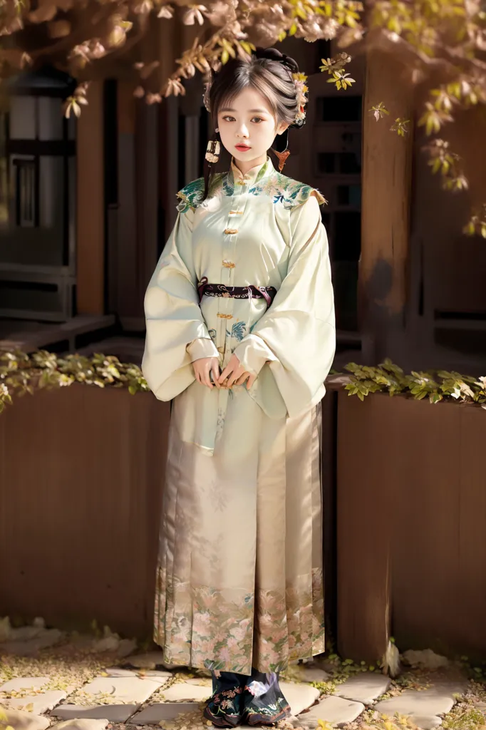 この画像には、白と緑を主な色とした伝統的な中国の服(漢服)を着た若い女性が写っています。その服には繊細な花の刺繍が施されており、長い流れるようなスカートが特徴的です。女性の髪は髷に結われ、伝統的な中国の髪飾りを身につけています。彼女は伝統的な中国の建物が背景にある中庭に立っています。