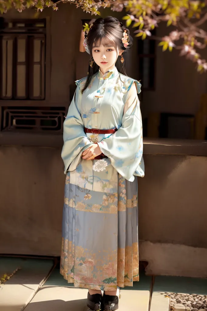 A imagem mostra uma jovem mulher vestindo um vestido tradicional chinês (Hanfu) com um padrão floral azul e branco. O vestido tem um colarinho alto e uma saia longa com um bainha pregueada. O cabelo da mulher está penteado em um coque com alguns fios soltos enquadrando seu rosto. Ela está usando uma maquiagem delicada e tem uma expressão serena em seu rosto. O fundo é uma imagem desfocada de um pátio tradicional chinês com um telhado de telhas e lanternas vermelhas.