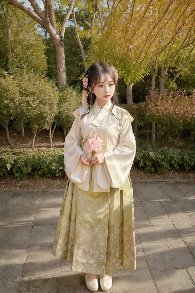 L'image montre une jeune femme portant une robe traditionnelle chinoise (Hanfu) debout dans un jardin. La robe est blanche avec des motifs floraux verts et roses. La femme a de longs cheveux noirs et porte des accessoires pour les cheveux roses et blancs. Elle porte également un maquillage rose pâle. L'arrière-plan de l'image est un jardin flou avec des arbres et des buissons.