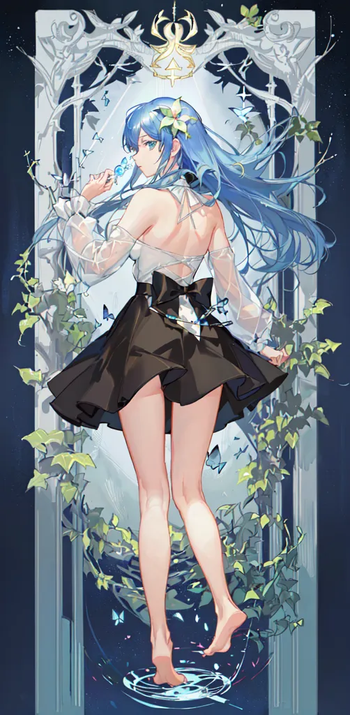 The image shows a young woman with long blue hair wearing a white and black dress. She is standing in a forest, surrounded by plants and flowers. There are also butterflies flying around her. The woman is holding a lollipop in her right hand. She has a flower hairpin on the left side of her head. The woman is looking at the viewer with a smile on her face.