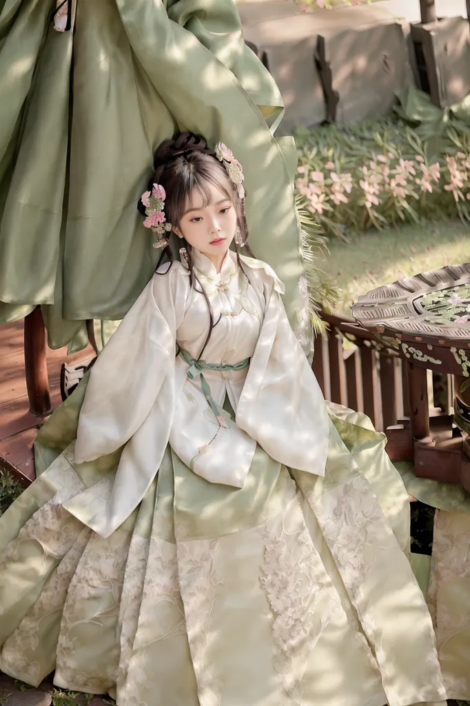 The image shows a young woman wearing a traditional Chinese dress called a Hanfu. The dress is white and green with intricate floral embroidery. The woman has her hair in a bun and is wearing traditional Chinese hair accessories. She is sitting on a wooden bench in a garden. The background is blurred, but it looks like there are trees and flowers in the background. The woman is looking at the camera with a serene expression.