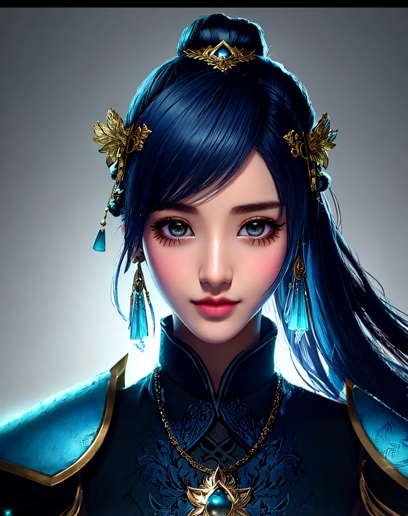 A imagem mostra uma jovem mulher com cabelos azuis longos. Ela está usando um hanfu azul e dourado com detalhes intrincados. A mulher tem olhos azuis e uma expressão serena no rosto. Ela também está usando um colar e brincos.