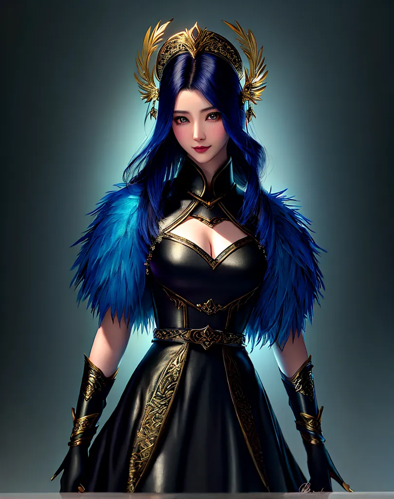 The image shows a beautiful woman with long blue hair. She is wearing a black dress with gold trim and a gold crown. She also has blue and brown feathered shoulder pads. She is looking at the viewer with a serious expression.