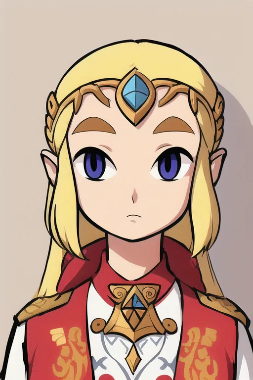 This image shows a young woman with long blond hair and blue eyes. She is wearing a red and white tunic with a golden belt and a blue gem on her forehead. She has pointed ears and a determined expression on her face. She is likely a character from the Legend of Zelda video game series.