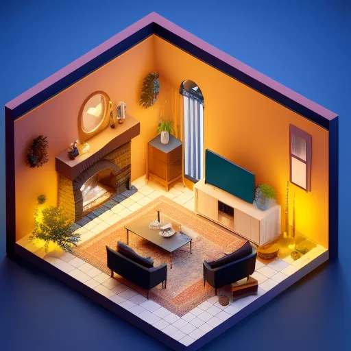 The image is a 3D rendering of a living room. The room is decorated in a modern style with warm colors and soft lighting. There is a fireplace, a TV, and a coffee table with two chairs. The floor is covered in a carpet, and there are plants in the corners of the room. The walls are painted in a light orange color, and the ceiling is white. There is a window that lets in natural light. The room is cozy and inviting, and it is perfect for relaxing or entertaining guests.