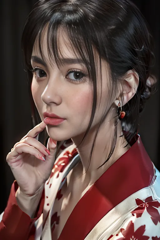 This is a picture of a young woman with long dark hair and bangs. She is wearing a white and red kimono with a floral pattern. The woman is looking at the camera with a serious expression. Her right hand is touching her chin.