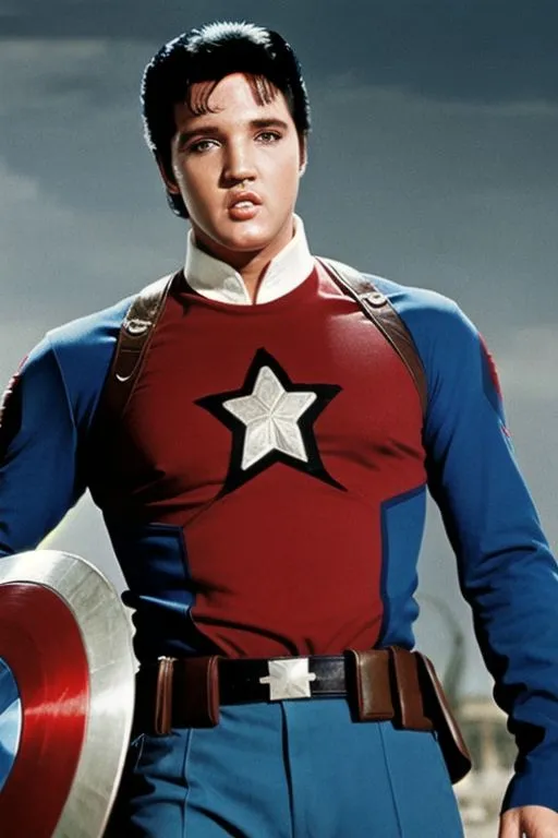 The image shows a man dressed as a superhero. He is wearing a red and blue suit with a white star on the chest. He is also wearing a cape and a mask. The man is standing in front of an American flag.