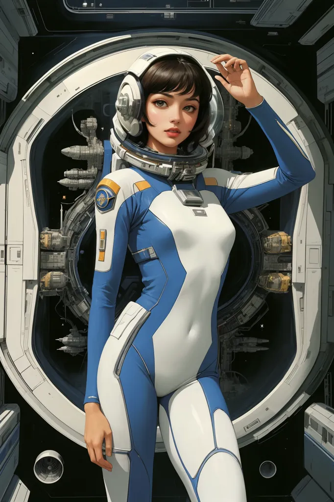 This is an image of a young woman in a futuristic spacesuit. She is standing in front of a large spaceship, which is docked in a space station. The woman is wearing a blue and white spacesuit with a clear bubble helmet. She has short brown hair and brown eyes. She is looking at the camera with a confident expression.