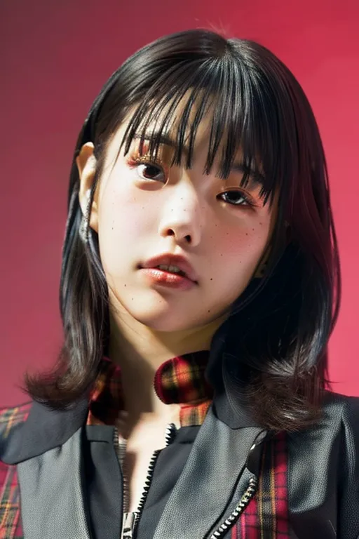 This image shows a young Japanese woman with short black hair and bangs. She is wearing a black jacket with a red and black plaid shirt underneath. The background is a deep red. The woman has a serious expression on her face.