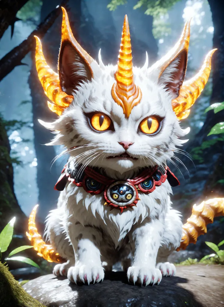 The image shows a white cat with orange eyes and horns. The cat is sitting on a rock in a forest. The cat has a collar with a red jewel on it. The cat is looking at the viewer with a curious expression.