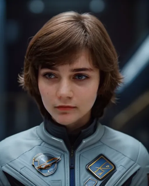 This is a picture of a young girl in a spacesuit. She has short brown hair and blue eyes. The spacesuit is light grey with a dark grey collar. There are patches on the chest of the spacesuit. The girl's expression is serious.