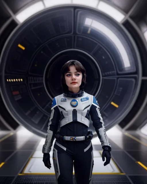 A young girl in a spacesuit is standing in a futuristic hallway. She has short brown hair and brown eyes. She is wearing a white and blue spacesuit with a clear bubble helmet. She is carrying a gun in her right hand. The background is a large, circular metal door with a bright light coming from the other side.