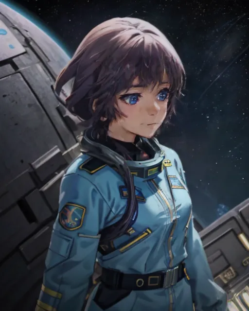 This is an image of a young girl in a spacesuit with short brown hair and blue eyes. She is standing in front of a spaceship, looking out into space. She is wearing a blue spacesuit with a white collar and a white patch on her left arm. There is a large ship in the background.