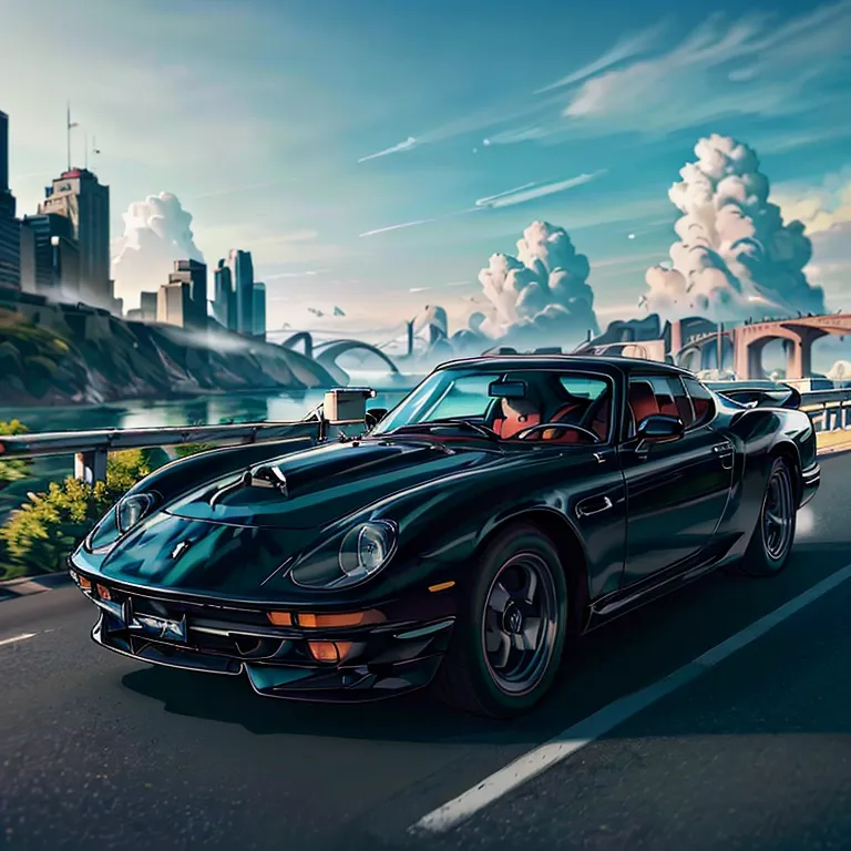 A black sports car is driving on a road along a river. The car is in the foreground and is facing the viewer. The background is a cityscape with tall buildings and a bridge. The sky is blue and there are some clouds. The car is a classic model with a long hood and a short trunk. It has a spoiler on the back and a wide stance. The car is in perfect condition and looks like it is just out of the showroom.