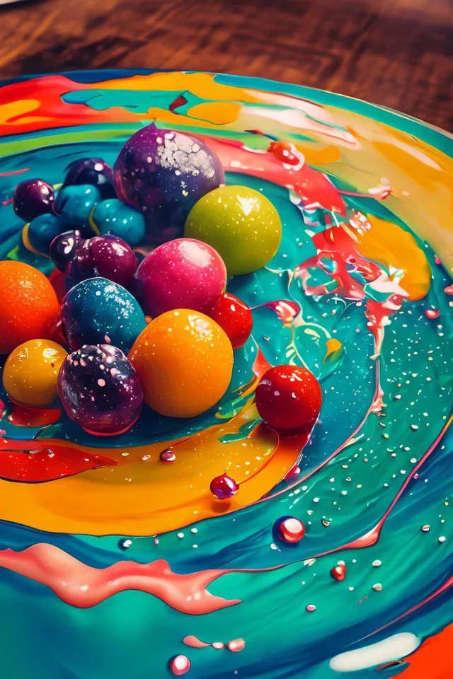 There are a bunch of brightly colored balls sitting on a surface that looks like a rainbow. The balls are mostly blue, green, purple, pink, and yellow. They are all different sizes and some of them are shiny. The surface that they are sitting on is made of many different colors that are all blended together. The colors are bright and saturated and the surface looks like it is liquid. There are also some small white dots all over the surface.