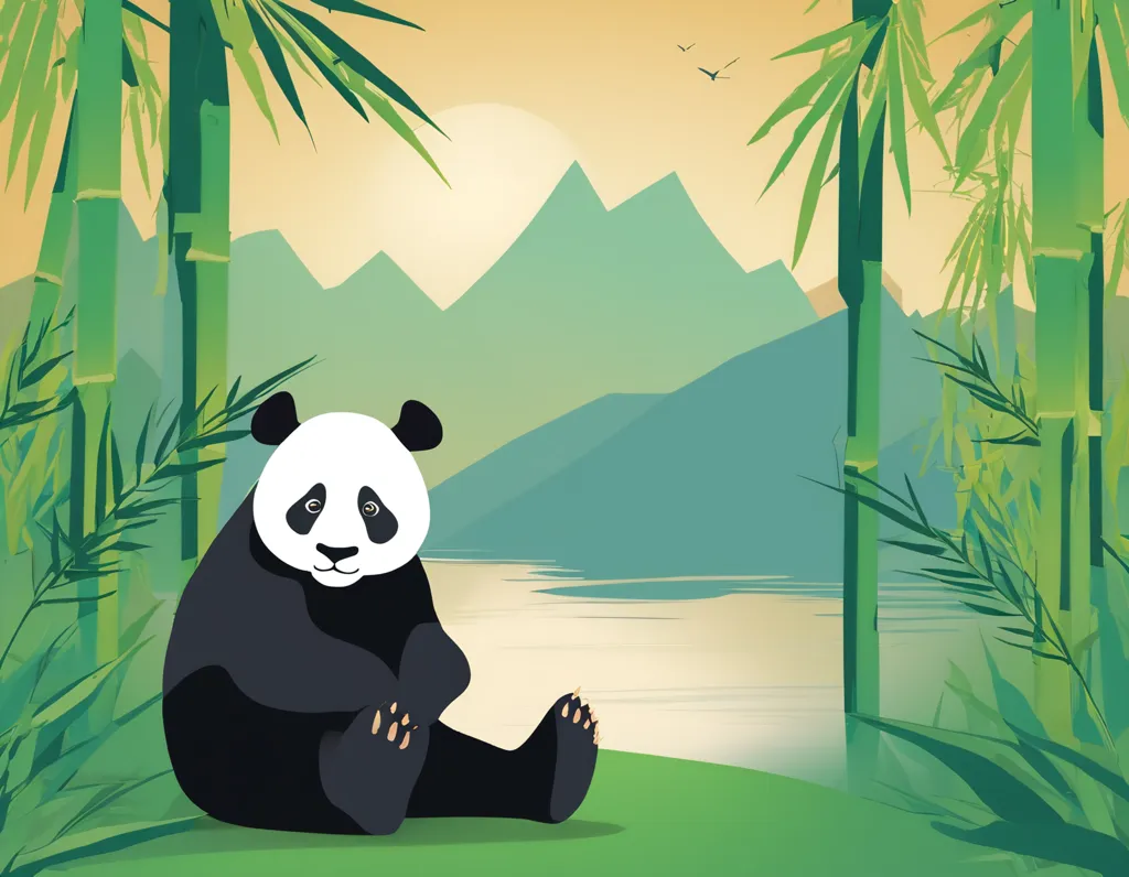 A giant panda sits in a bamboo forest. The panda is black and white with a round face and big ears. It is sitting on its haunches with its paws crossed in front of it. The bamboo forest is green and lush, and there are mountains in the background. The sun is setting, and there are two birds flying in the sky. The panda is looking at the viewer with a curious expression.