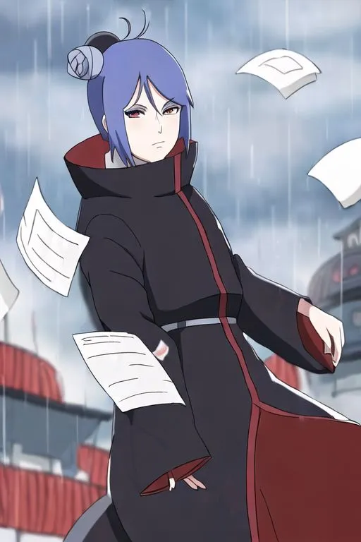 This image shows a kunoichi from the anime series Naruto. She has blue hair and purple eyes, and she is wearing a black and red Akatsuki cloak. She is standing in a rainy village, and there are papers flying around her.