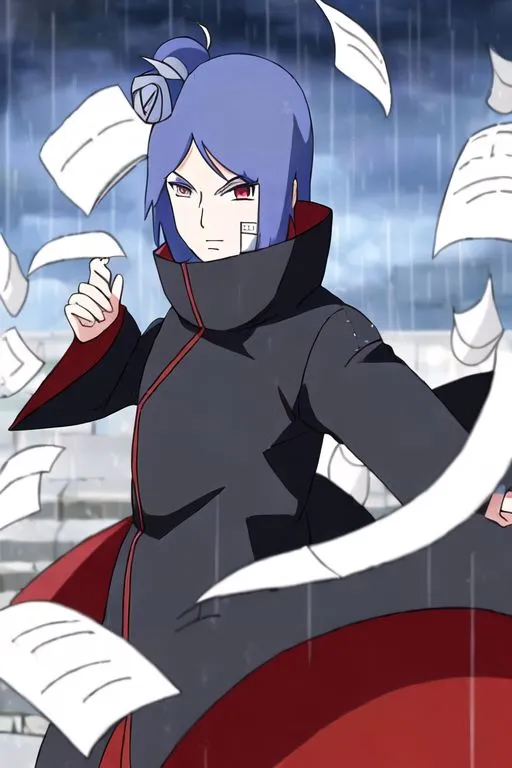 This image shows a kunoichi from the anime series Naruto. She is wearing a black and red Akatsuki cloak. Her hair is blue and she has a purple eye. She is standing in the rain and there are papers flying around her.